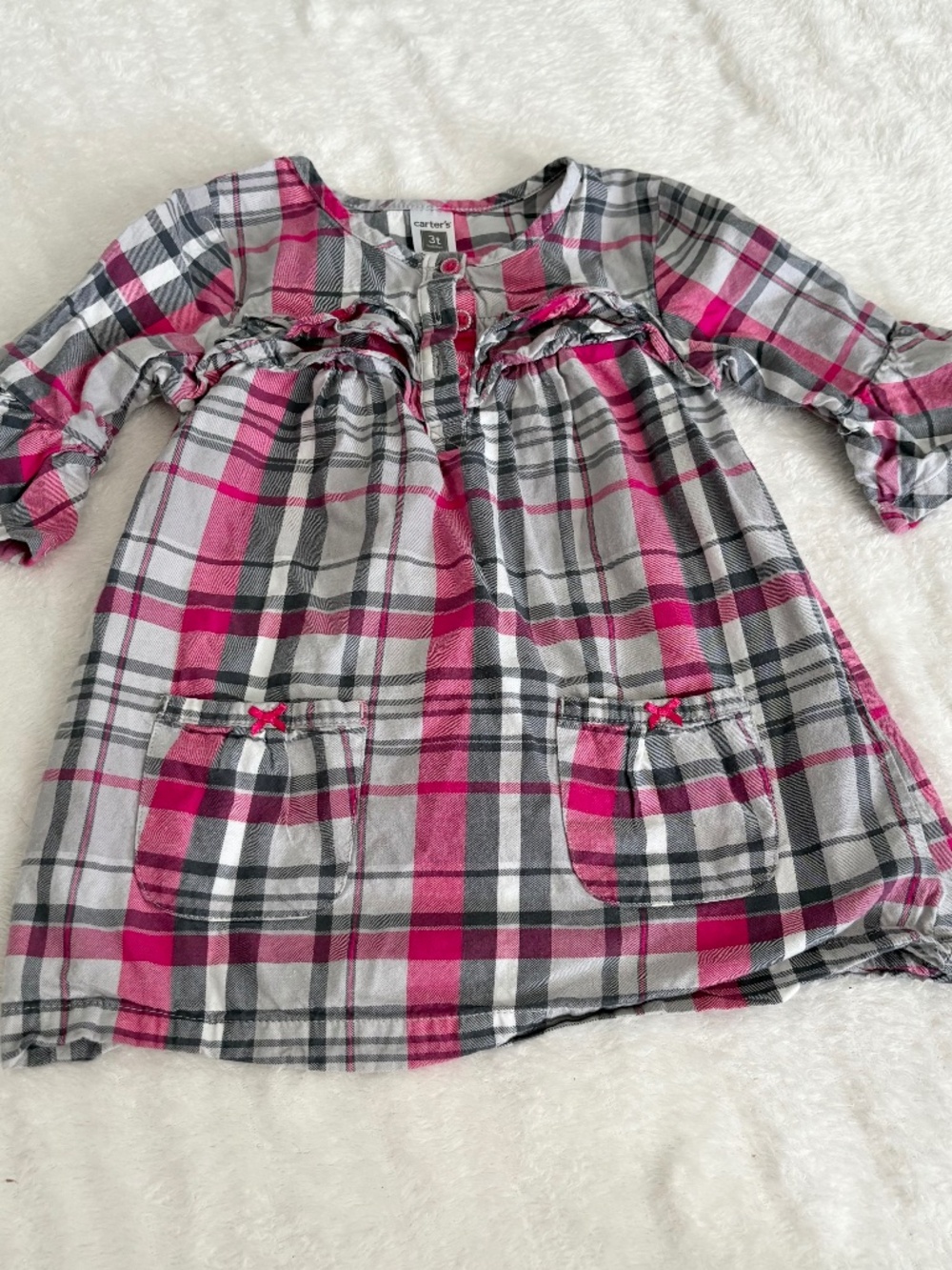 Carter’s Dress, Girls 3T, Pink/Grey Plaid button up Half Sleeve with Pockets